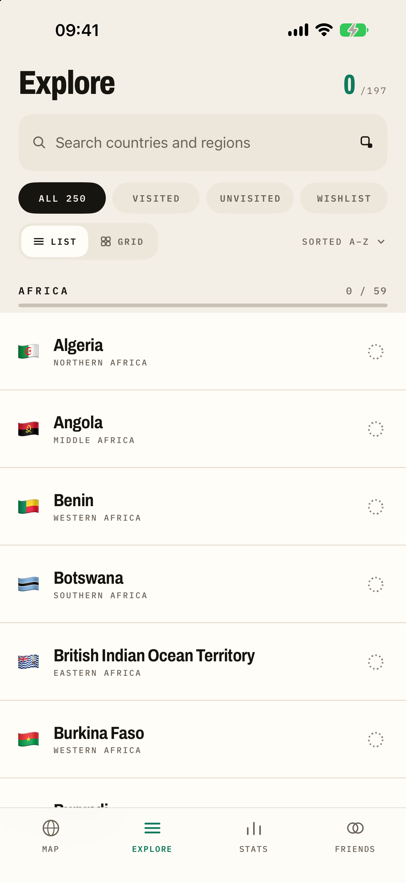 Atlaso explore screen listing countries around the world