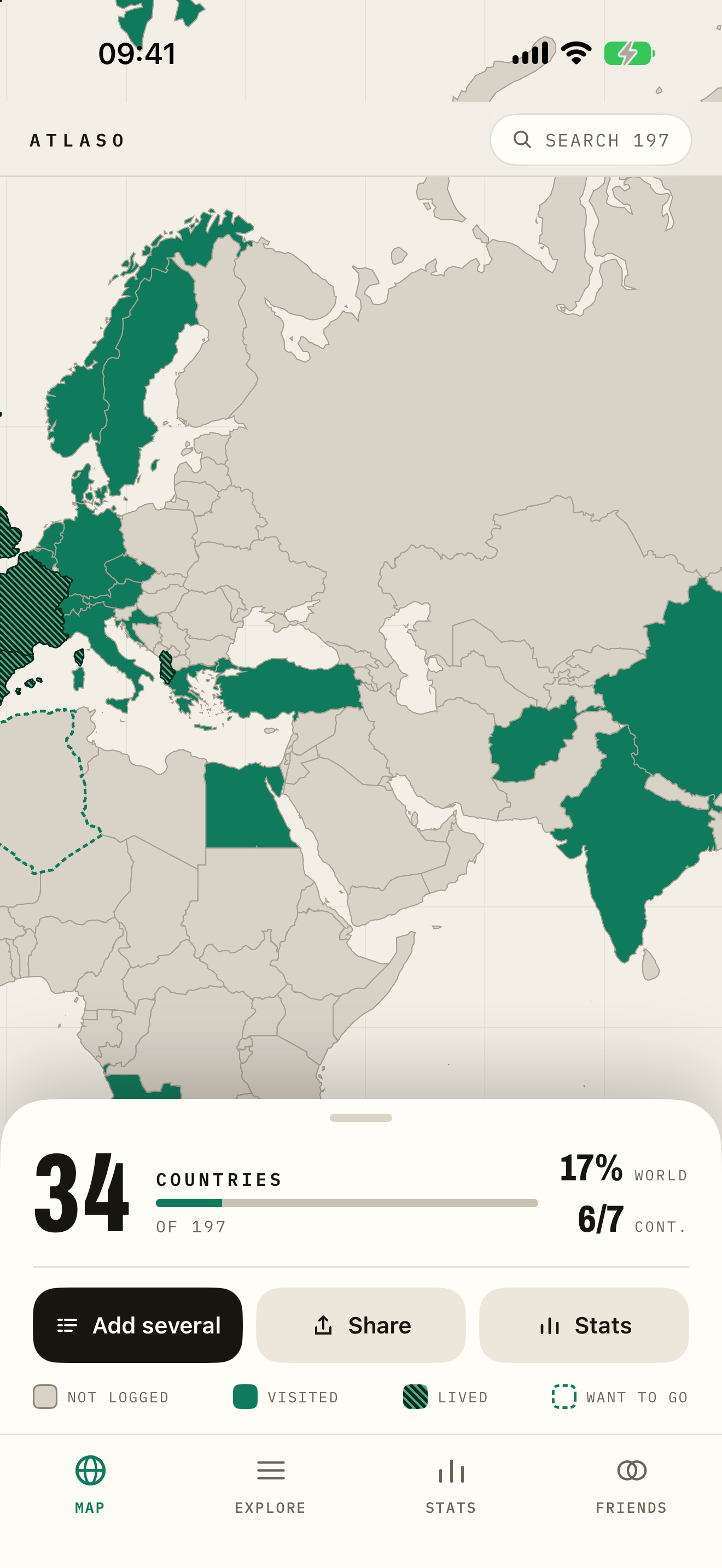 Atlaso world map showing visited countries in green